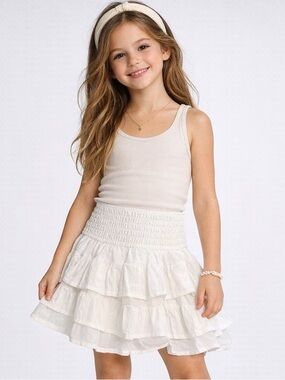 Girls 6/7 Off White Boho Tiered Ruffle Skirt Smocked Waist NWT
